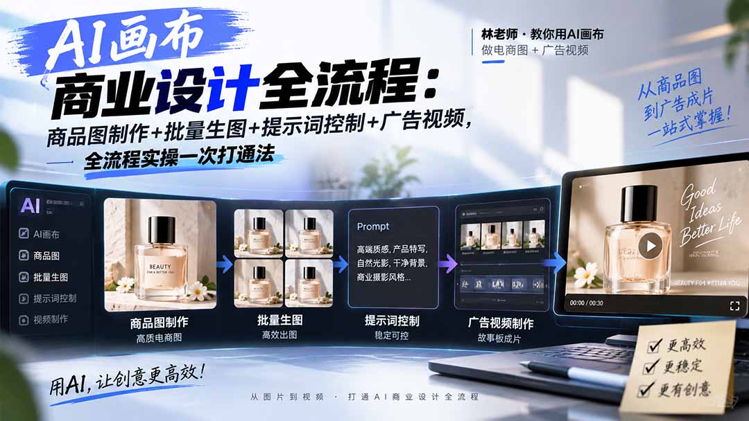 AI画布商业设计全流程-更新1026：商品图制作+批量生图+提示词控制+广告视频，全流程实操一次打通法-超级会员网