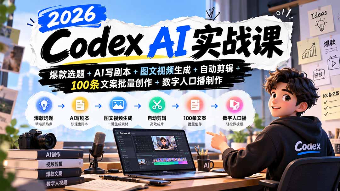 2026Codex AI实战课：爆款选题+AI写剧本+图文视频生成+自动剪辑+100条文案批量创作+数字人口播制作-超级会员网