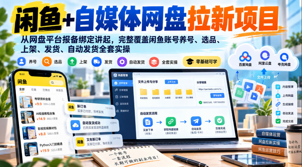 闲鱼+自媒体网盘拉新项目，从网盘平台报备绑定讲起，完整覆盖闲鱼账号养号、选品、上架、发货、自动发货全套实操-超级会员网