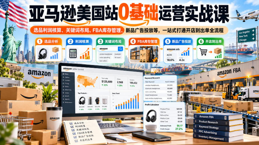 亚马逊美国站0基础运营实战课｜选品利润核算、关键词布局、FBA库存管理、新品广告投放等，一站式打通开店到出单全流程-超级会员网