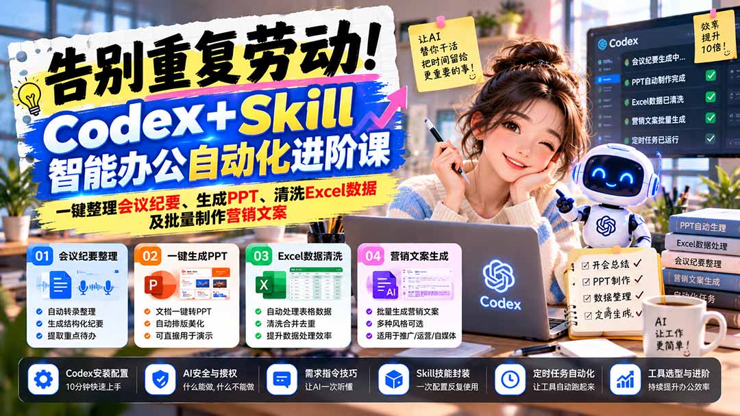 告别重复劳动！Codex+Skill智能办公自动化进阶课：一键整理会议纪要、生成PPT、清洗Excel数据及批量制作营销文案-超级会员网