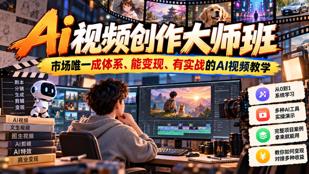 Ai视频创作大师班，市场唯一成体系、能变现、有实战的AI视频教学(更新2026)-超级会员网