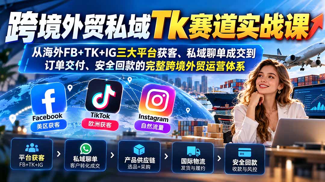 跨境外贸私域Tk赛道实战课：从海外FB+TK+IG三大平台获客、私域聊单成交到订单交付、安全回款的完整跨境外贸运营体系-超级会员网