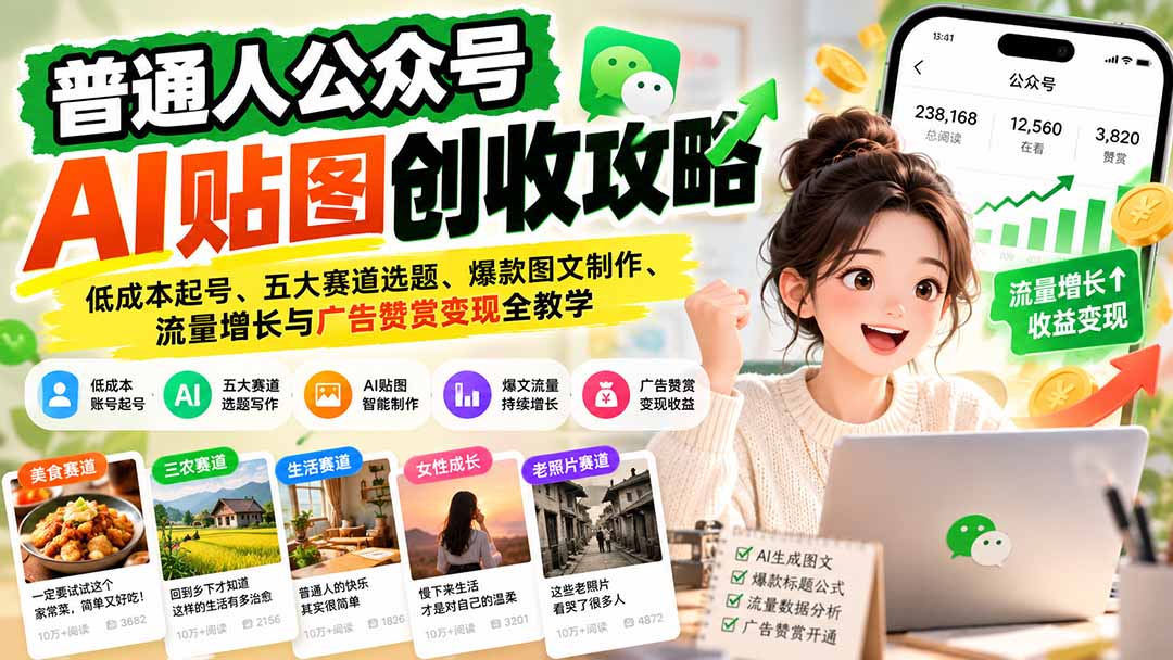 普通人公众号AI贴图创收攻略：低成本起号、五大赛道选题、爆款图文制作、流量增长与广告赞赏变现全教学-超级会员网