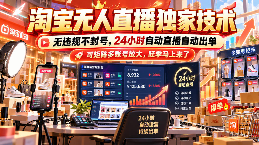 淘宝无人直播独家技术，无违规不封号，24小时自动直播自动出单，可矩阵多账号放大，旺季马上来了【揭秘】-超级会员网