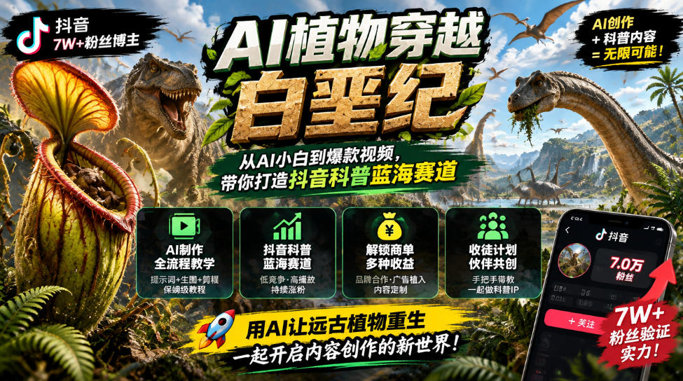 抖音7W粉丝博主的AI植物穿越白垩纪教学，抖音科普蓝海赛道，解锁商单收徒伙伴计划等多种收益-超级会员网
