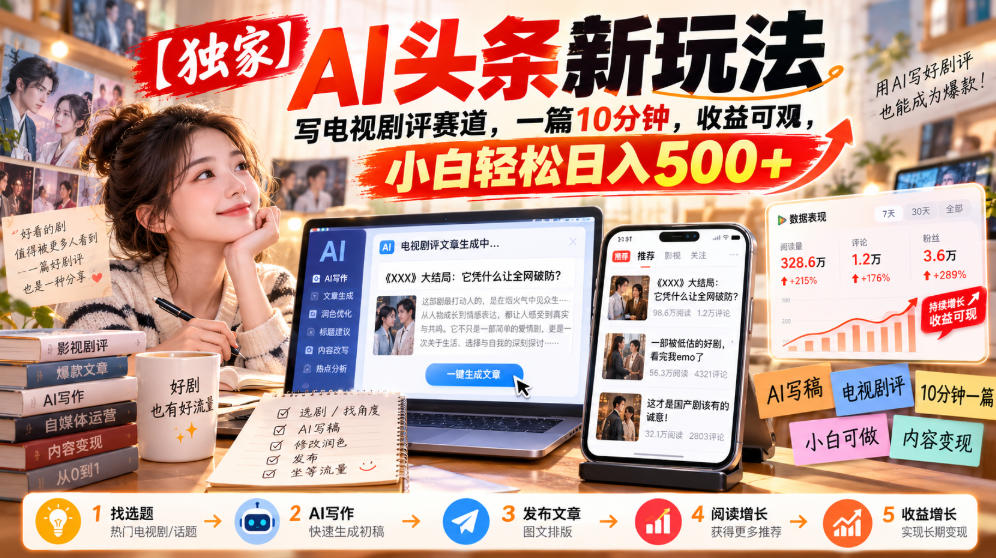 【独家】AI头条新玩法，写电视剧评赛道，一篇10分钟，收益可观，小白轻松日入500+-超级会员网