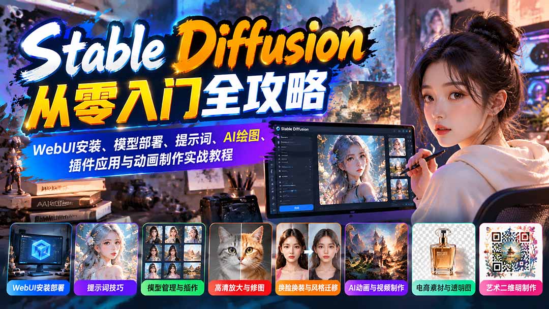 Stable Diffusion从零入门全攻略：WebUI安装、模型部署、提示词、AI绘图、插件应用与动画制作实战教程-超级会员网