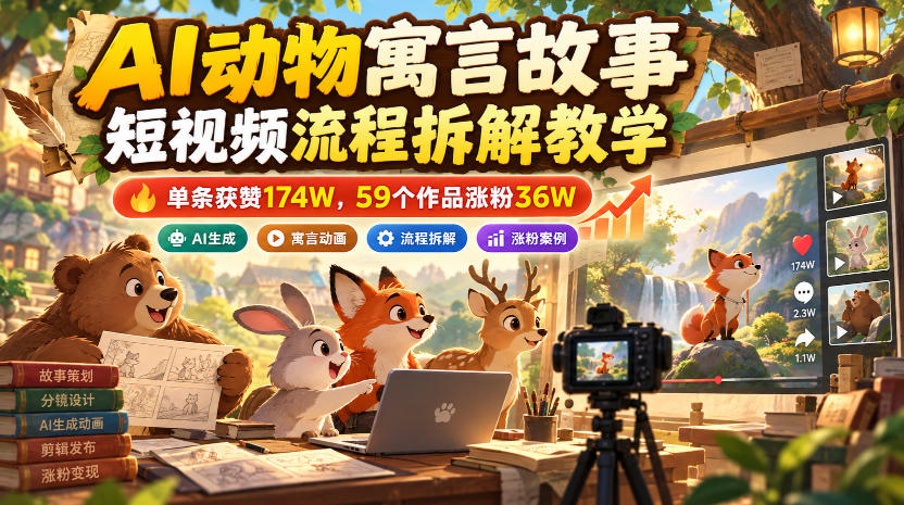 AI动物寓言故事短视频流程拆解教学，单条获赞174W，59个作品涨粉36W-超级会员网