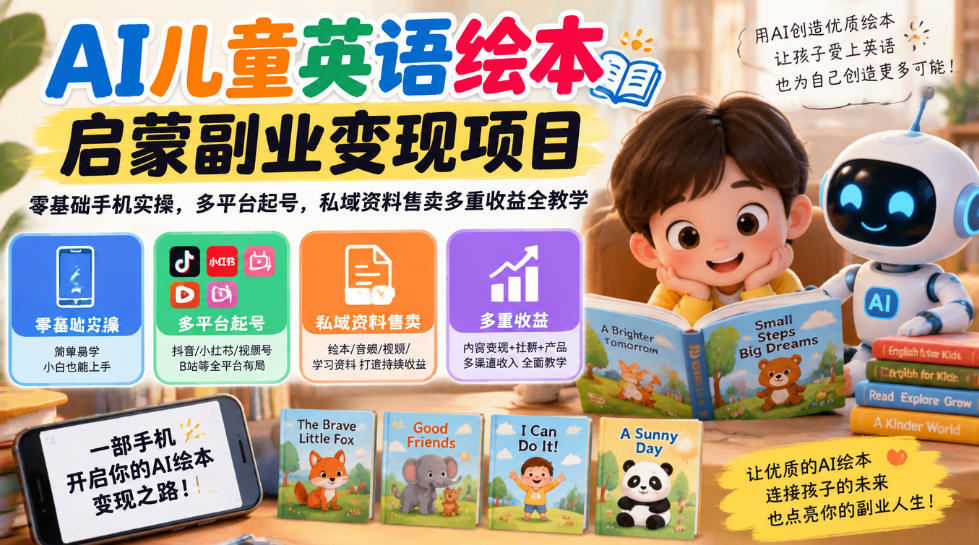 AI儿童英语绘本启蒙副业变现项目，零基础手机实操，多平台起号，私域资料售卖多重收益全教学-超级会员网
