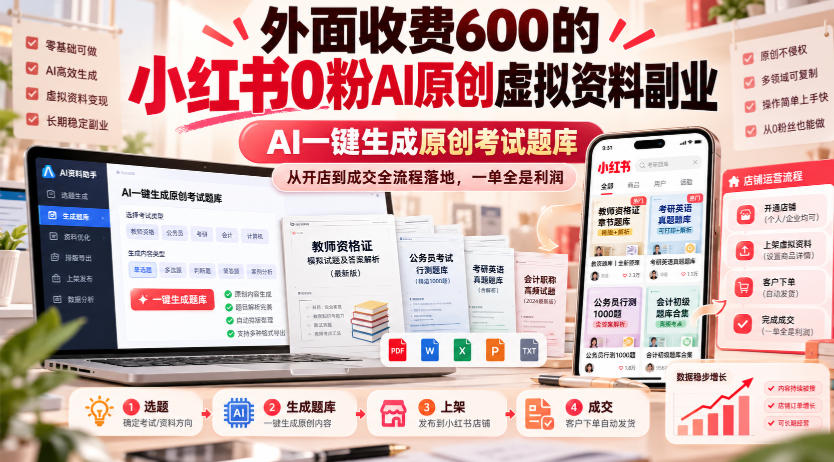 外面收费600的小红书0粉AI原创虚拟资料副业，AI一键生成原创考试题库，从开店到成交全流程落地，一单全是利润-超级会员网
