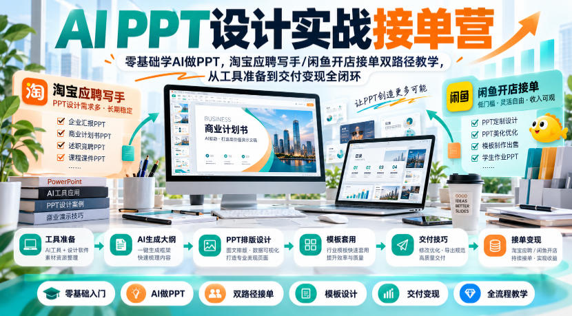 AI PPT设计实战接单营｜零基础学AI做PPT，淘宝应聘写手/闲鱼开店接单双路径教学，从工具准备到交付变现全闭环-超级会员网