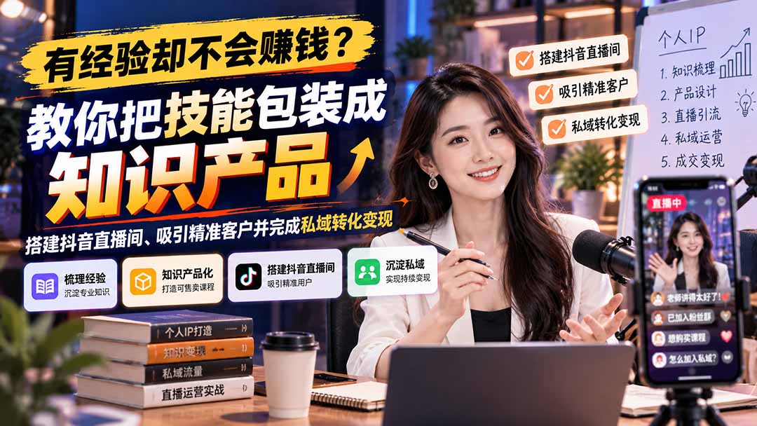 有经验却不会赚钱？教你把技能包装成知识产品，搭建抖音直播间、吸引精准客户并完成私域转化变现-超级会员网