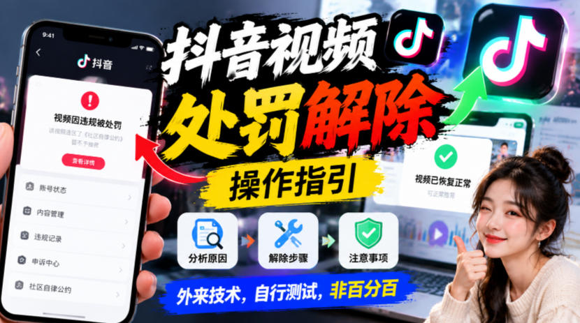 抖音视频处罚解除操作指引，外来技术，自行测试，非百分百-超级会员网