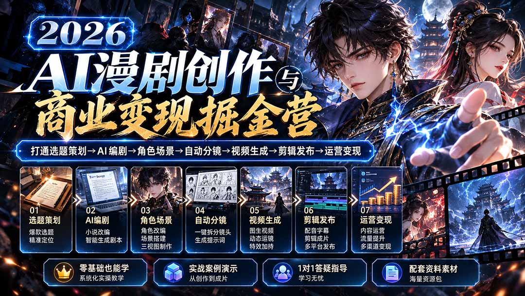 【无水印】2026AI漫剧创作与商业变现掘金营：打通选题→AI编剧→角色场景→自动分镜→视频生成→剪辑发布→运营变现-超级会员网