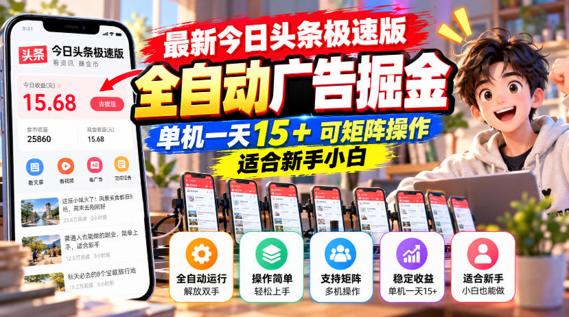 最新今日头条极速版全自动广告掘金，单机一天15+可矩阵操作适合新手小白-超级会员网