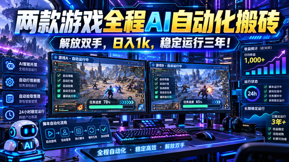 两款游戏全程AI自动化搬砖，解放双手，日入1k，稳定运行三年！【揭秘】-超级会员网