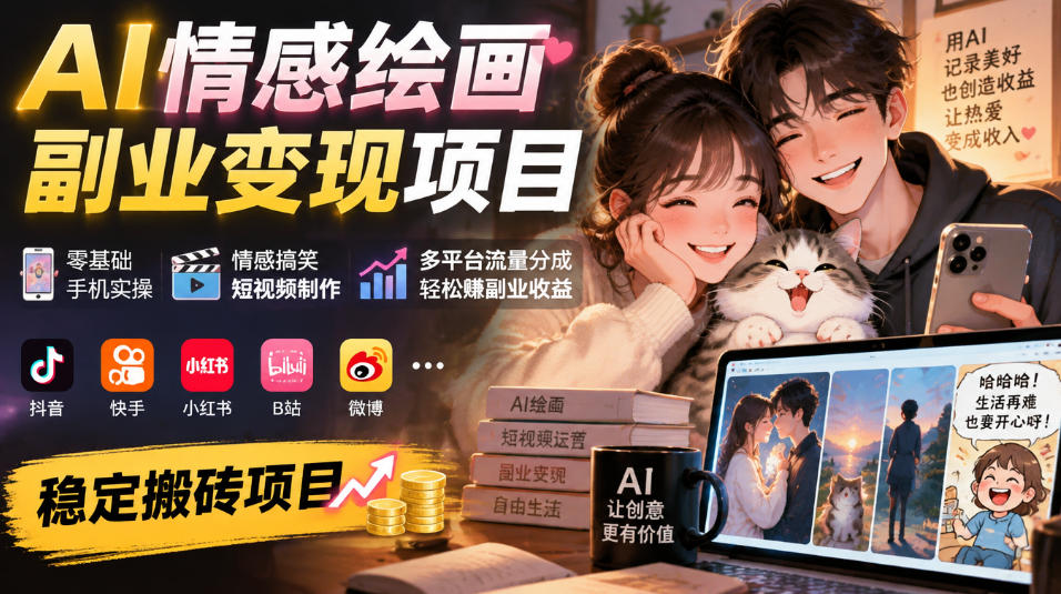 AI情感绘画副业变现项目｜零基础手机实操，情感搞笑短视频制作，多平台流量分成轻松賺副业收益-超级会员网