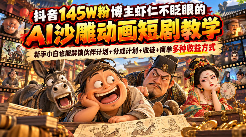 抖音145W粉博主虾仁不眨眼的AI沙雕动画短剧教学，新手小白也能解锁伙伴计划+分成计划+收徒+商单多种收益方式-超级会员网