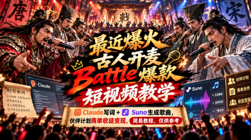 最近爆火古人开麦Battle爆款短视频教学，Claude写词+Suno生成歌曲，伙伴计划商单收徒变现，简易教程，仅供参考-超级会员网