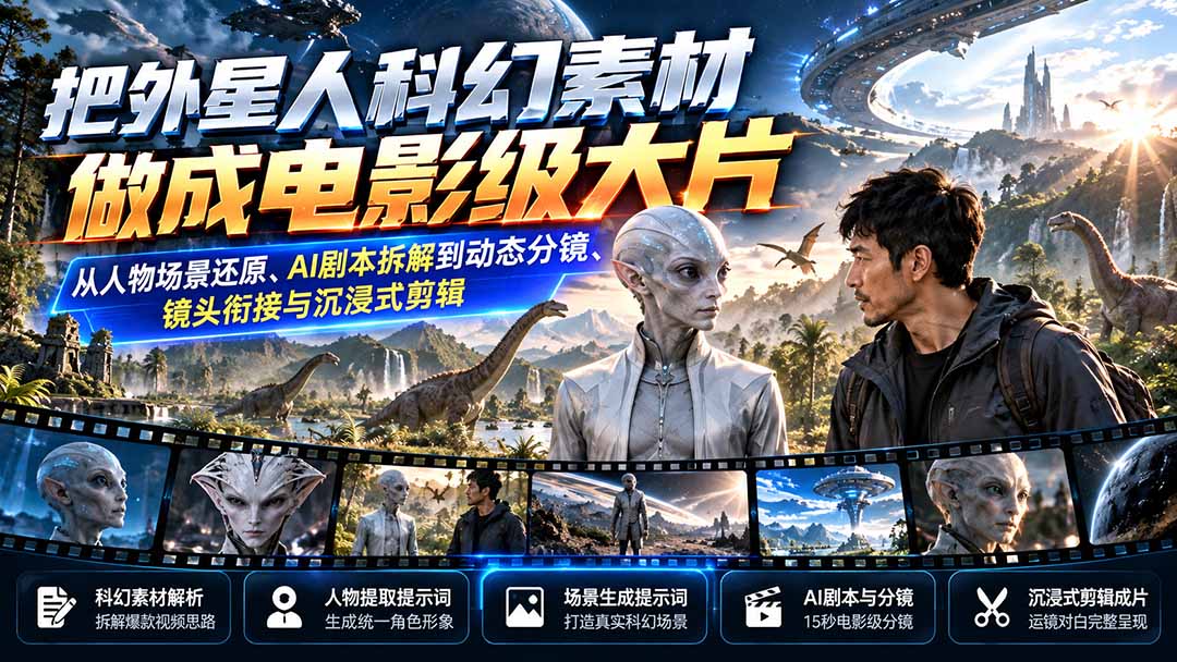 把外星人科幻素材做成电影级大片：从人物场景还原、AI剧本拆解到动态分镜、镜头衔接与沉浸式剪辑-超级会员网