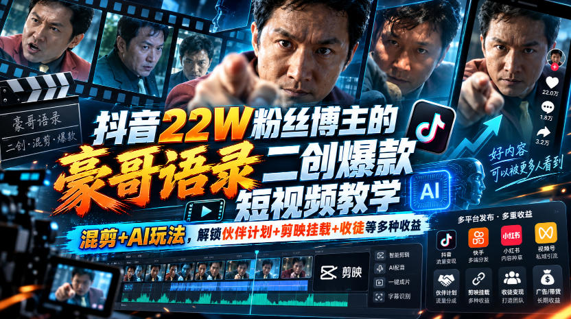 抖音22W粉丝博主的豪哥语录二创爆款短视频教学，混剪+AI玩法，解锁伙伴计划+剪映挂载+收徒等多种收益-超级会员网