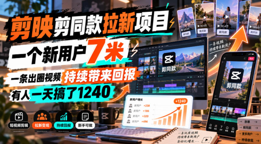 剪映剪同款拉新项目，一个新用户7米，一条出圈视频持续带来回报，有人一天搞了1240-超级会员网