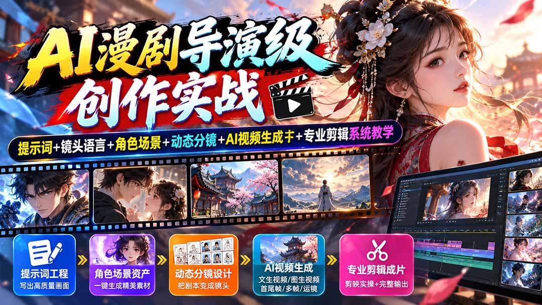 AI漫剧导演级创作实战：提示词+镜头语言+角色场景+动态分镜+AI视频生成+专业剪辑系统教学-超级会员网
