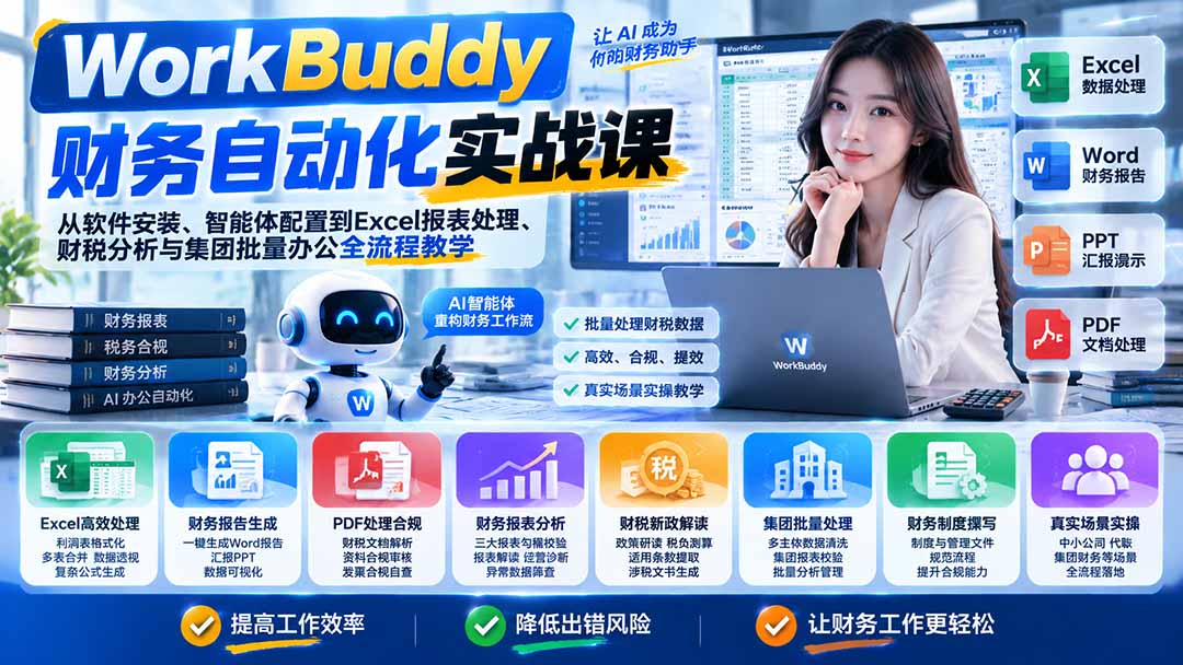 WorkBuddy财务自动化实战课：从软件安装、智能体配置到Excel报表处理、财税分析与集团批量办公全流程教学-超级会员网