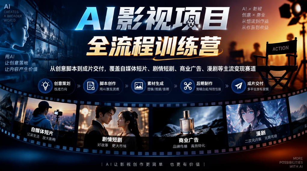AI影视项目全流程训练营，从创意脚本到成片交付，覆盖自媒体短片、剧情短剧、商业广告、漫剧等主流变现赛道-超级会员网