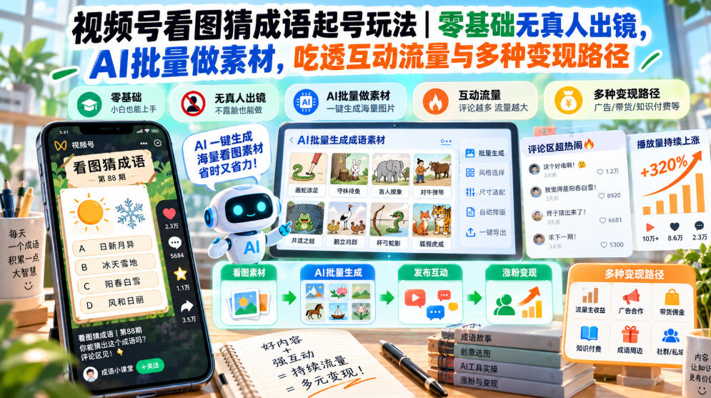 视频号看图猜成语起号玩法｜零基础无真人出镜，AI批量做素材，吃透互动流量与多种变现路径-超级会员网
