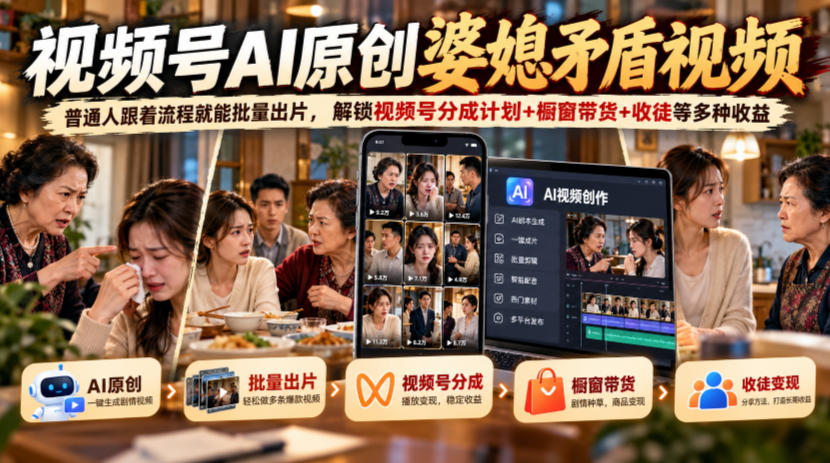 视频号ai原创婆媳矛盾视频，普通人跟着流程就能批量出片，解锁视频号分成计划+橱窗带货+收徒等多种收益-超级会员网