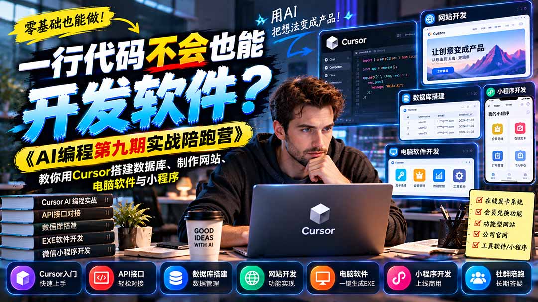一行代码不会也能开发软件？《AI编程第九期实战陪跑营》教你用Cursor搭建数据库、制作网站、电脑软件与小程序-超级会员网