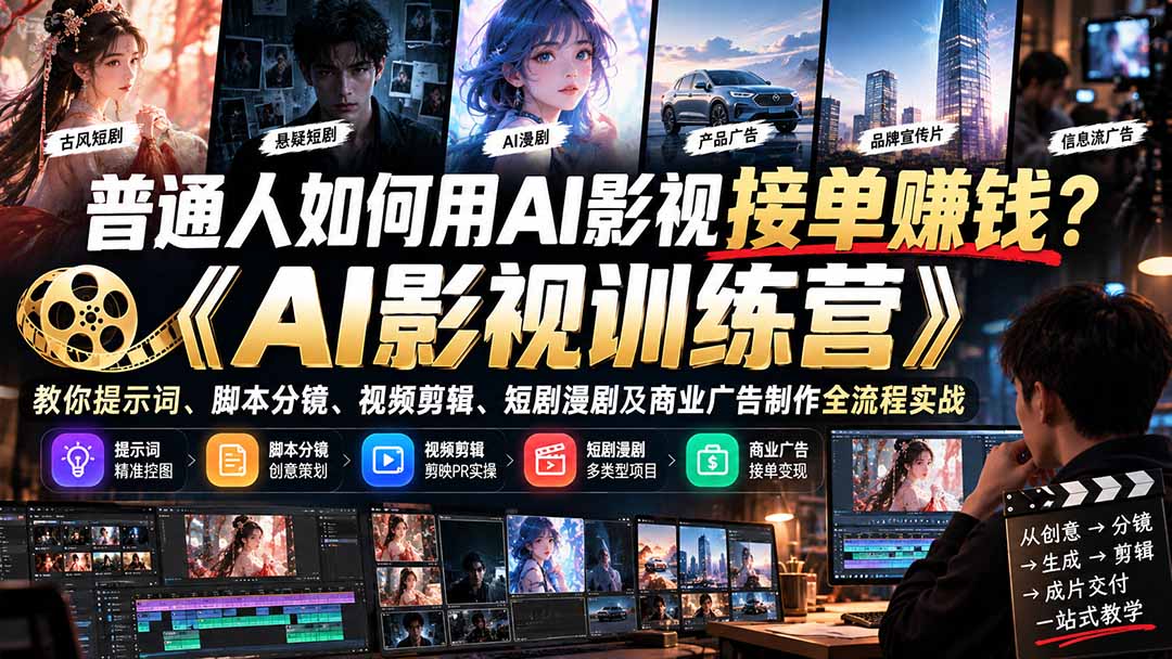 普通人如何用AI影视接单赚钱？《AI影视训练营》教你提示词、脚本分镜、视频剪辑、短剧漫剧及商业广告制作全流程实战-超级会员网