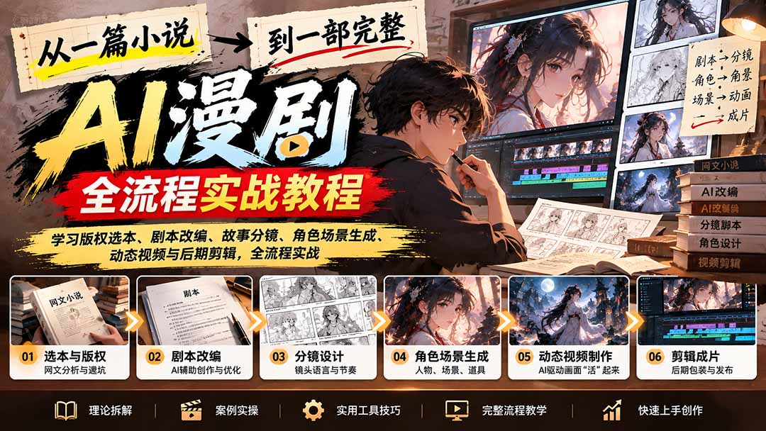 从一篇小说到一部完整AI漫剧：学习版权选本、剧本改编、故事分镜、角色场景生成、动态视频与后期剪辑-超级会员网