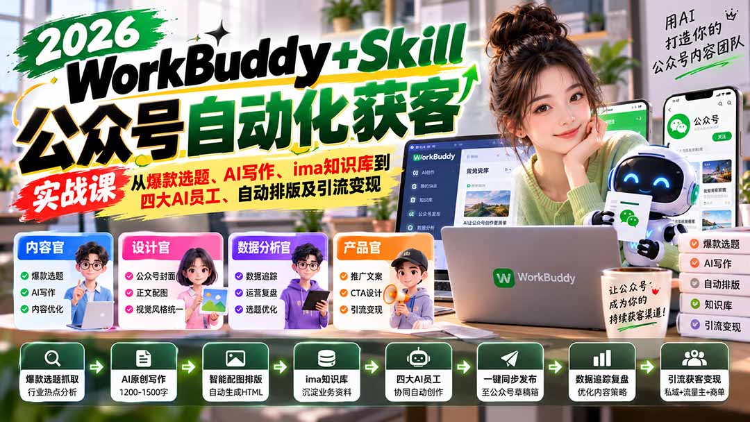 WorkBuddy + Skill公众号自动化获客实战课：从爆款选题、AI写作、ima知识库到四大AI员工、自动排版及引流变现-超级会员网