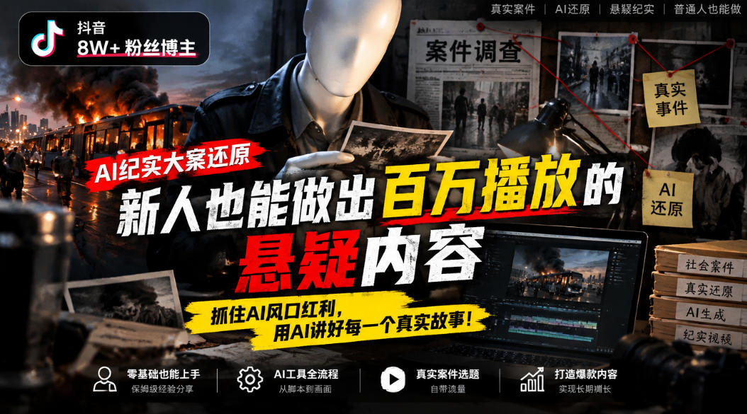 抖音8W粉丝博主的AI纪实大案还原教学，新人也能做出百W播放的悬疑内容，抓住AI风口红利，用AI讲好每一个真实故事-超级会员网