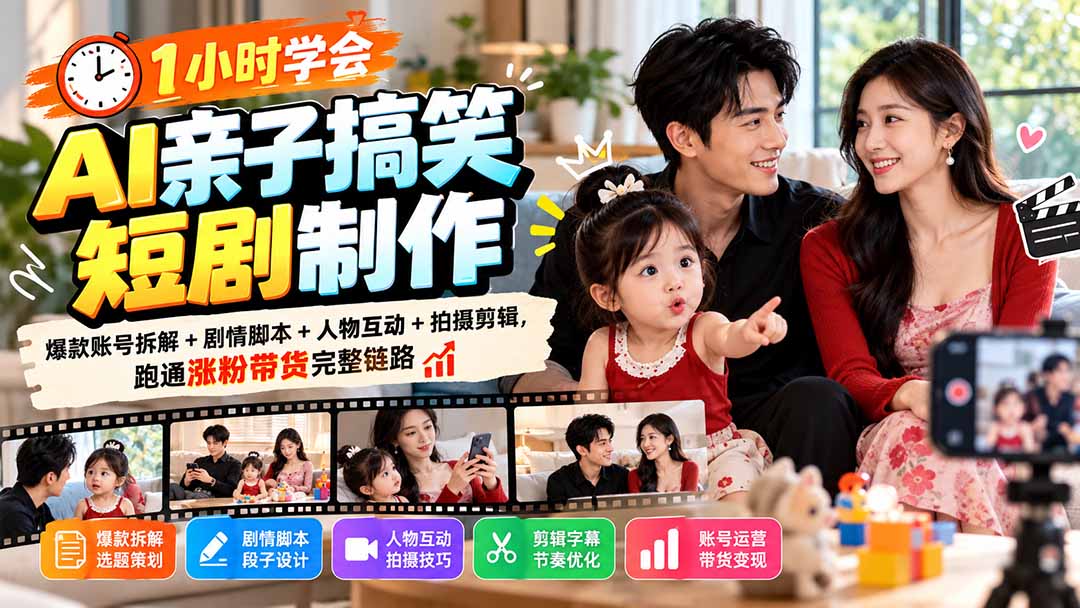 1小时学会AI亲子搞笑短剧制作：爆款账号拆解+剧情脚本+人物互动+拍摄剪辑，跑通涨粉带货完整链路-超级会员网