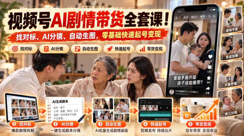 视频号AI剧情带货全套课！找对标、AI分镜、自动生图，零基础快速起号变现-超级会员网