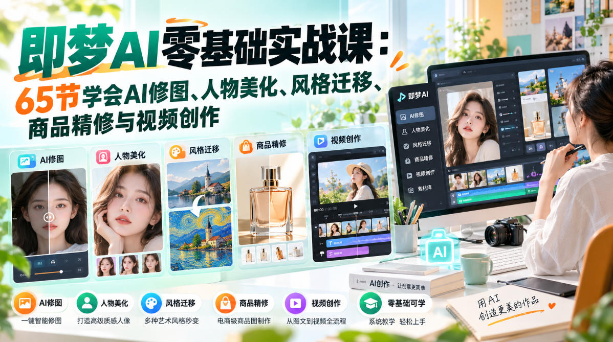 即梦AI零基础实战课：65节学会AI修图、人物美化、风格迁移、商品精修与视频创作-超级会员网