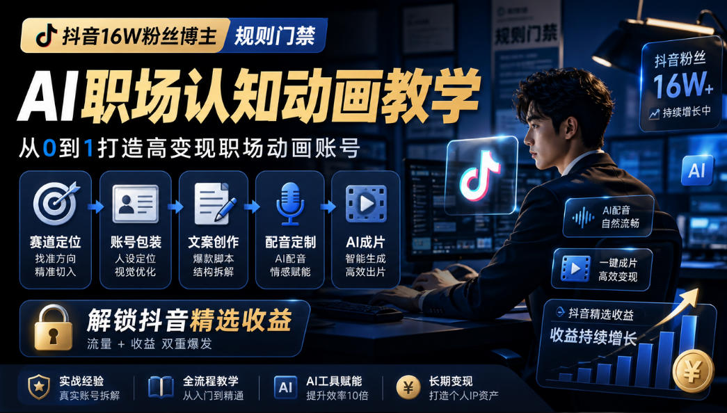 抖音16W粉丝博主规则门禁的AI职场认知动画教学，从赛道定位、账号包装，到文案创作、配音定制、AI成片，解锁抖音精选收益-超级会员网