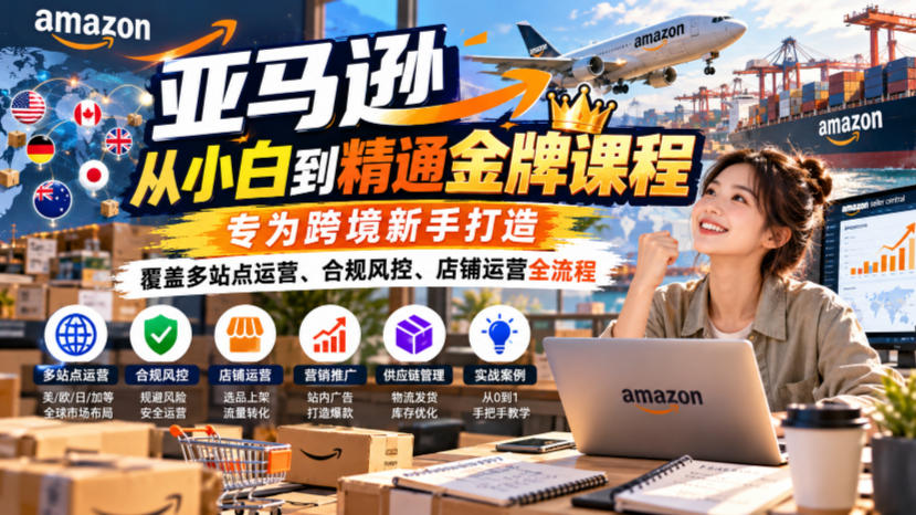 亚马逊从小白到精通金牌课程，专为跨境新手打造，覆盖多站点运营、合规风控、店铺运营全流程-超级会员网