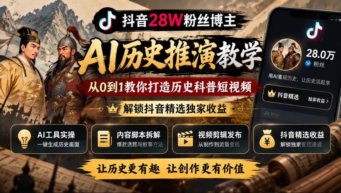 抖音28W粉丝博主的AI历史推演教学，从0到1教你打造历史科普短视频，解锁抖音精选独家收益-超级会员网