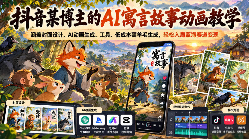抖音某博主的AI寓言故事动画教学，涵盖封面设计、AI动画生成、工具、低成本薅羊毛生成，轻松入局蓝海赛道变现-超级会员网