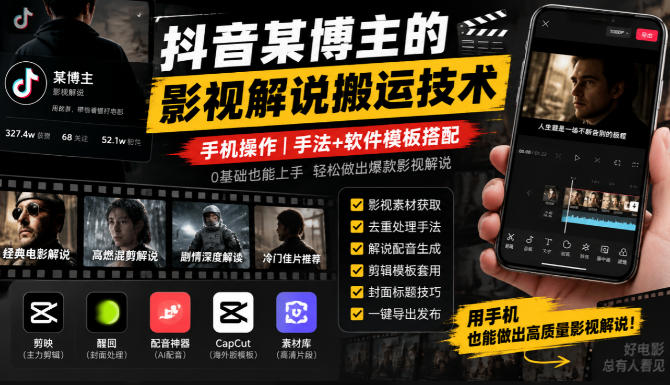 抖音某博主的影视解说搬运技术，手机操作，手法+软件模板搭配-超级会员网