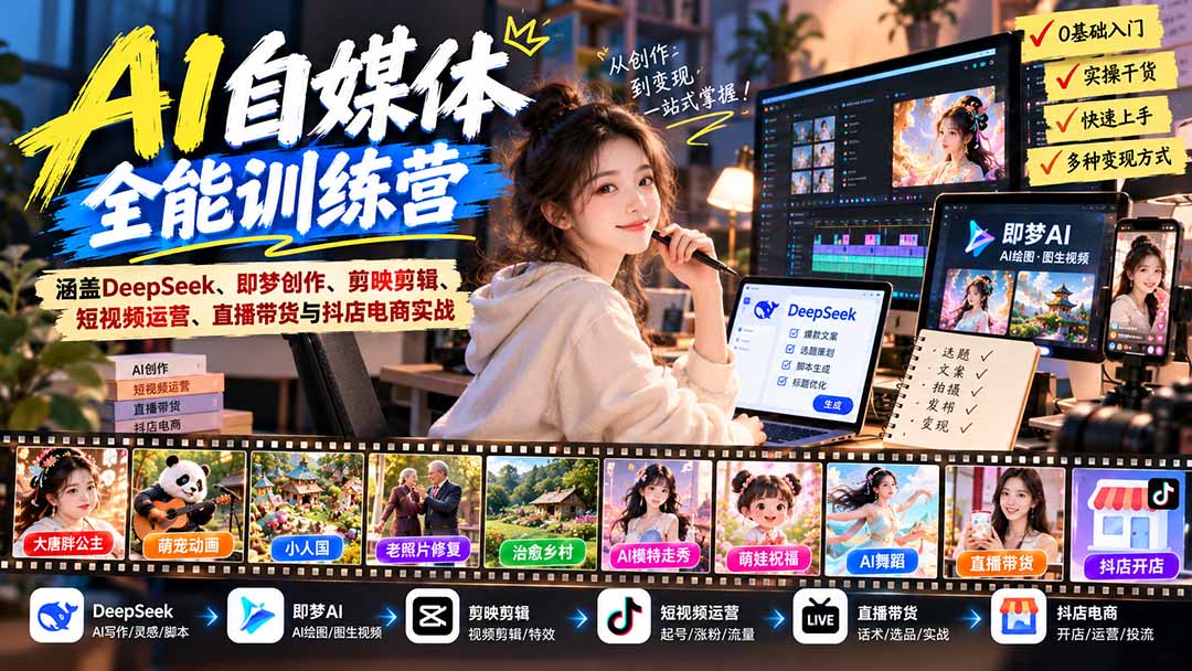 【无水印】AI+自媒体全能训练营：涵盖DeepSeek、即梦创作、剪映剪辑、短视频运营、直播带货与抖店电商实战-超级会员网