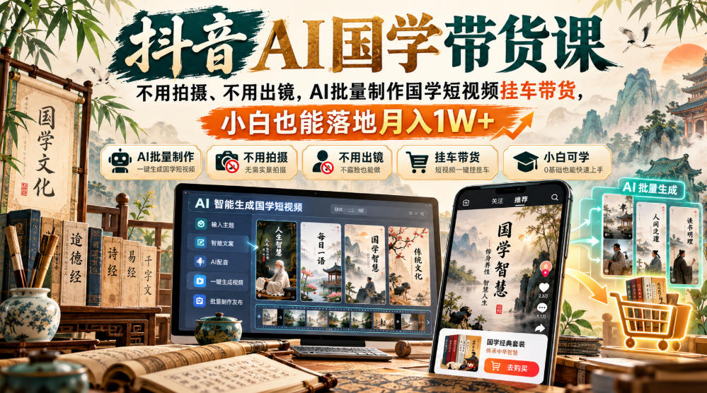 抖音AI国学带货课，不用拍摄、不用出镜，AI批量制作国学短视频挂车带货，小白也能落地月入1W+-超级会员网