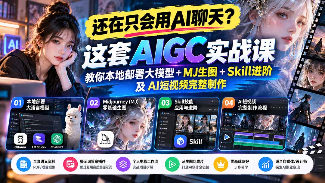 【无水印】还在只会用AI聊天？这套AIGC实战课教你本地部署大模型+MJ生图+Skill进阶及AI短视频完整制作-超级会员网