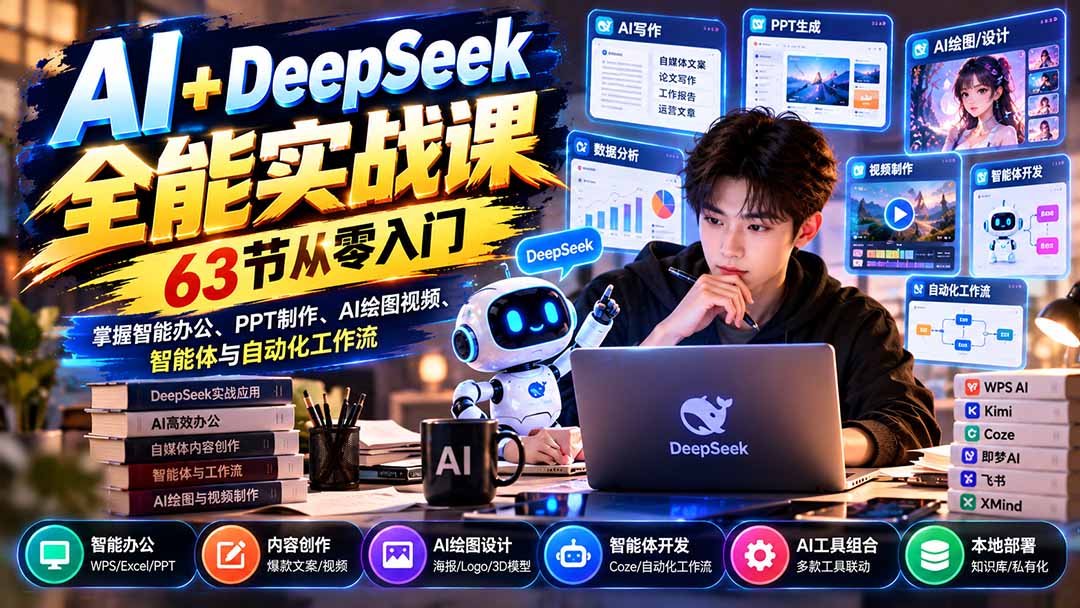 AI+DeepSeek全能实战课：63节从零入门，掌握智能办公、PPT制作、AI绘图视频、智能体与自动化工作流-超级会员网