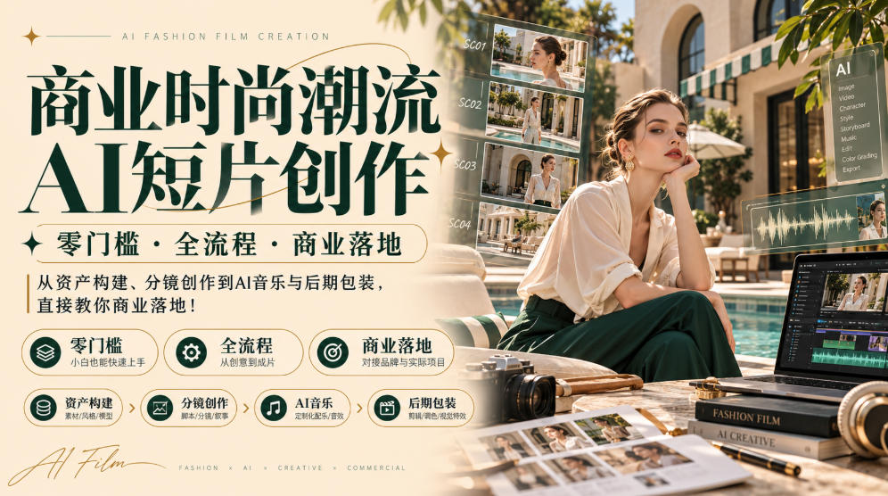 商业时尚潮流AI短片创作｜零门槛・全流程・商业落地，从资产构建、分镜创作到AI音乐与后期包装，直接教你商业落地！-超级会员网
